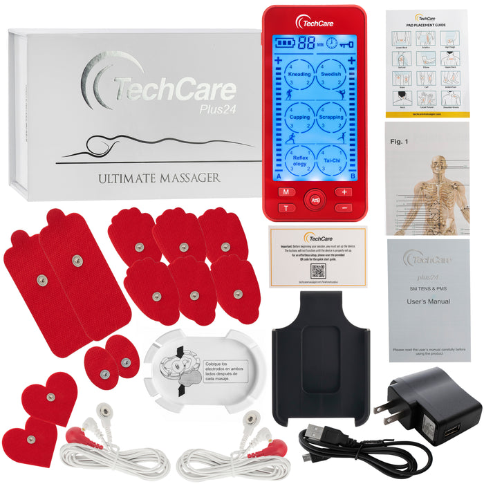 Tens Unit Muscle Stimulator Full Body Massager 24 Massage Modes LIFETIME Warranty (RED)