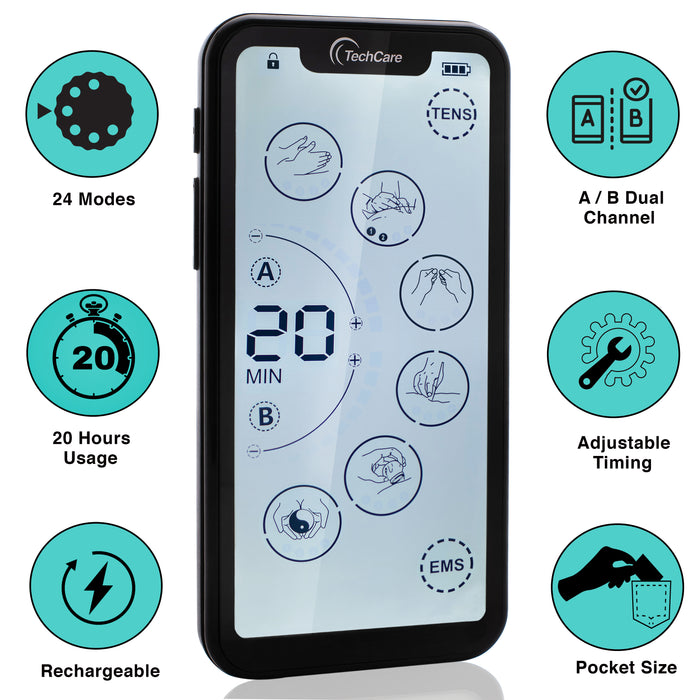 TechCare Touch X Tens Unit Muscle Stimulator [Lifetime Warranty] 24 Massage Mode Tens EMS Machine Device
