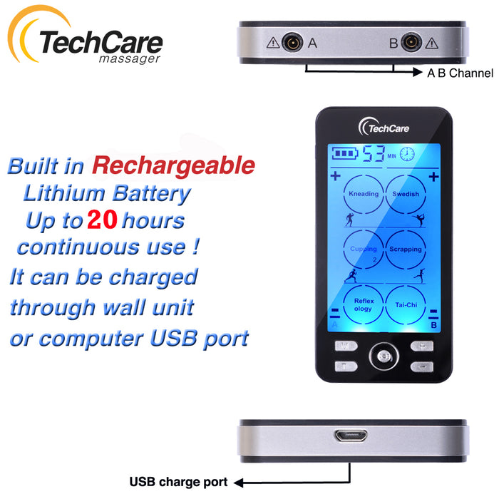 TechCare Plus 24 Modes Tens Unit Muscle Stimulator + 10 Pairs (20) Black Medical Grade Electrodes Replacement Pads