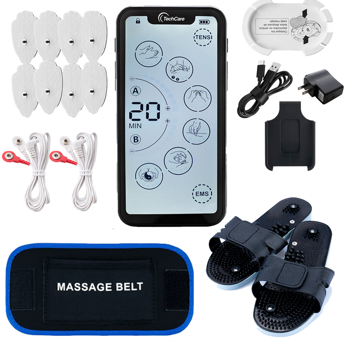 Techcare Touch X Tens Unit Muscle Stimulator + Massager Slipper + Massager Belt Combo Set