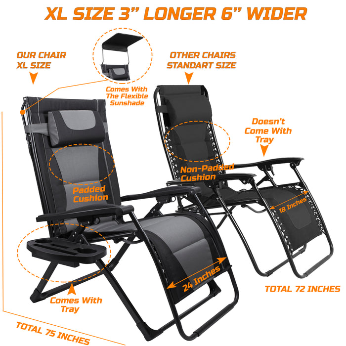 Oversize Recliner Folding Chair for Camping Patio Outdoors Zero Gravity XXLarge Extra Wide Reclining Padded Seats with Sunshade and Cup Holder Tray [Heavy Duty]