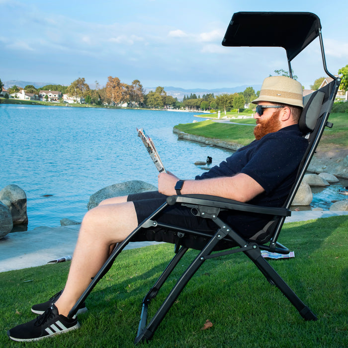 Oversize Recliner Folding Chair for Camping Patio Outdoors Zero Gravity XXLarge Extra Wide Reclining Padded Seats with Sunshade and Cup Holder Tray [Heavy Duty]