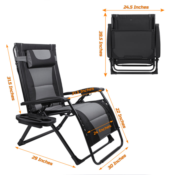 Oversize Recliner Folding Chair for Camping Patio Outdoors Zero Gravity XXLarge Extra Wide Reclining Padded Seats with Sunshade and Cup Holder Tray [Heavy Duty]