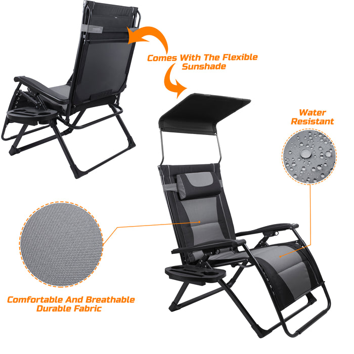 Oversize Recliner Folding Chair for Camping Patio Outdoors Zero Gravity XXLarge Extra Wide Reclining Padded Seats with Sunshade and Cup Holder Tray [Heavy Duty]